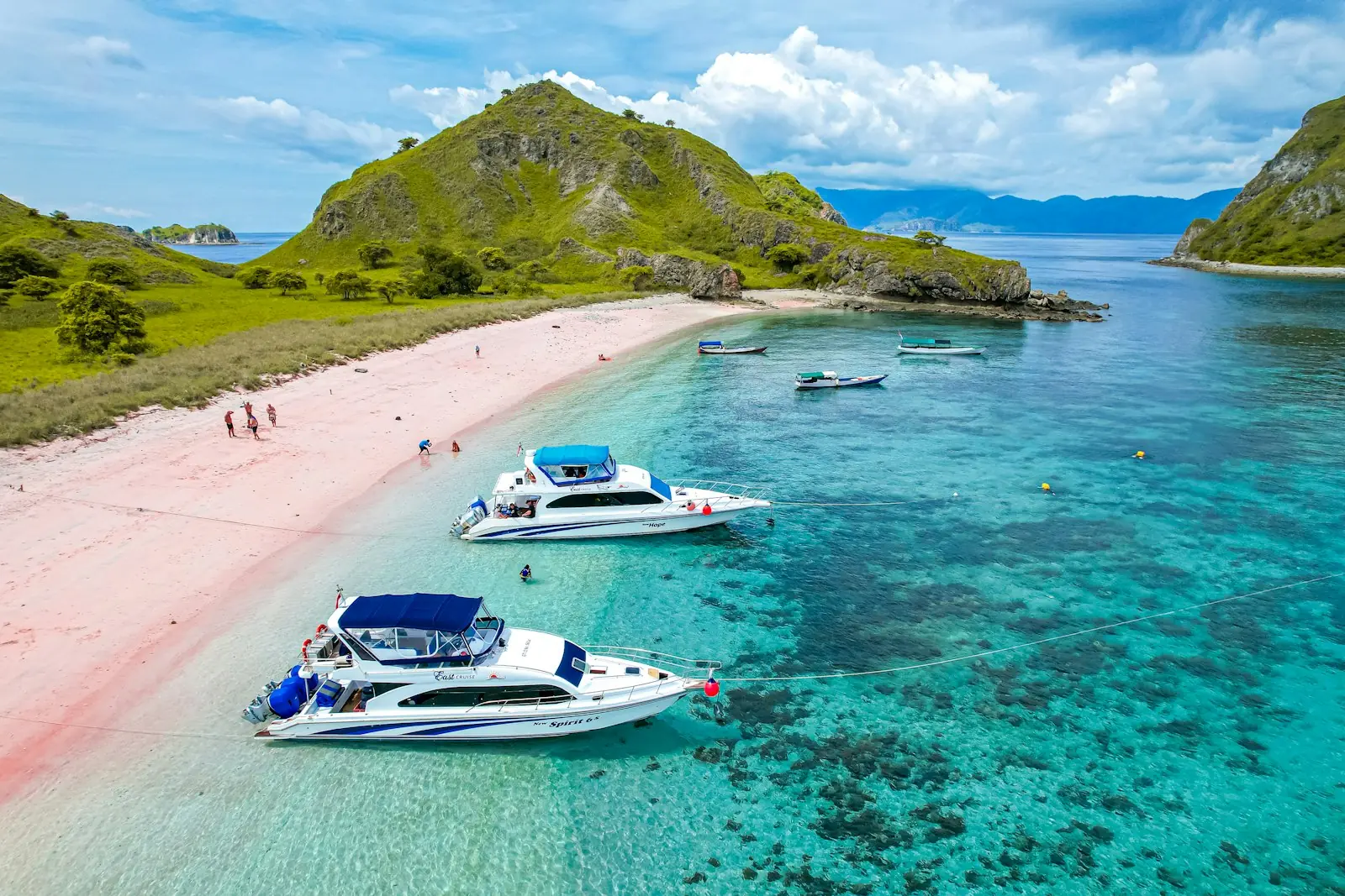 Speedboats moored off a pink-sand beach in Komodo