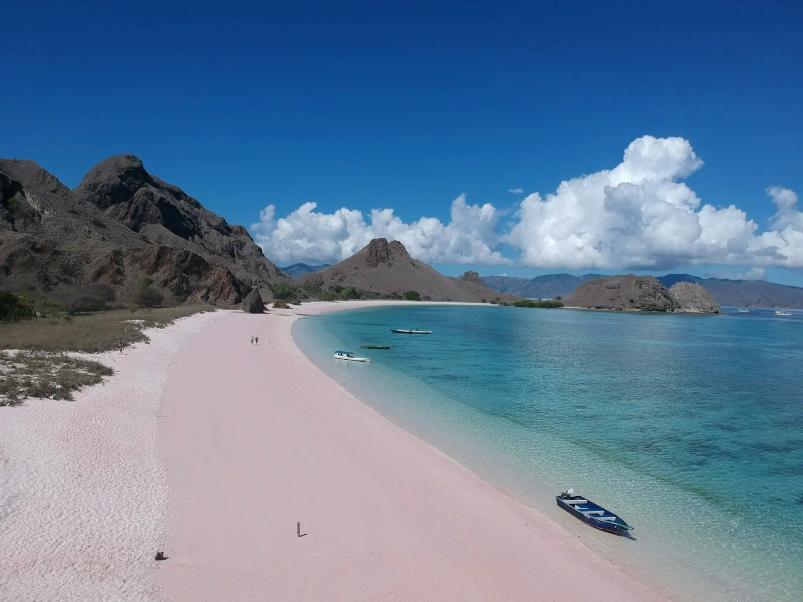 Pink beach curving into turquoise water in Komodo